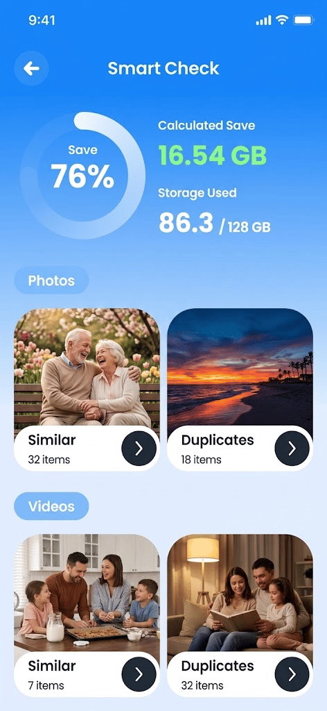 Smart Check screen with 76% storage save calculated