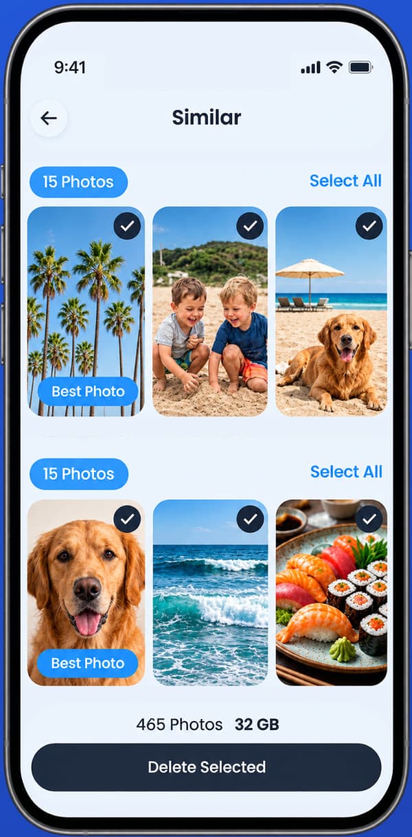 iPhone showing the Similar photos screen with the best photo highlighted