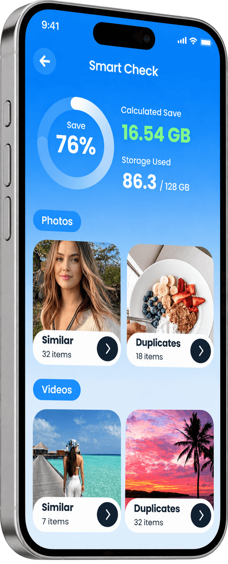 iPhone showing the Secure Clean Smart Check screen with 76% storage savings